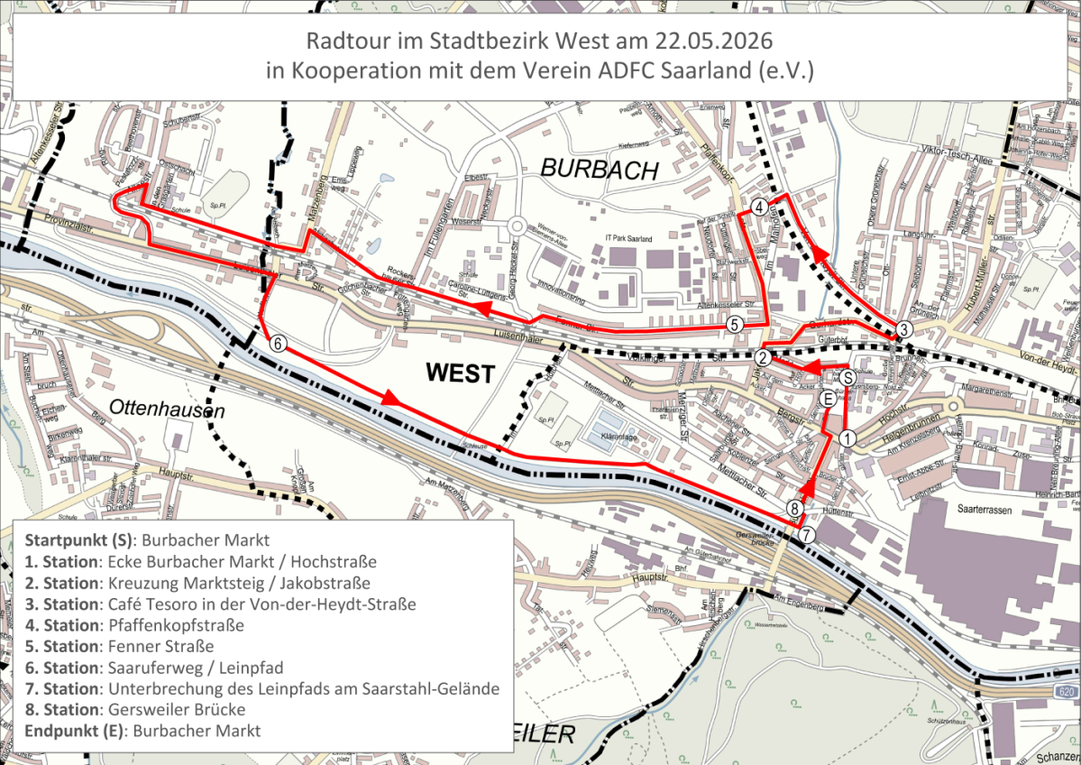 Eine Karte vom Bezirk West in Saarbrücken, auf der die genaue Route der Radtour eingezeichnet ist