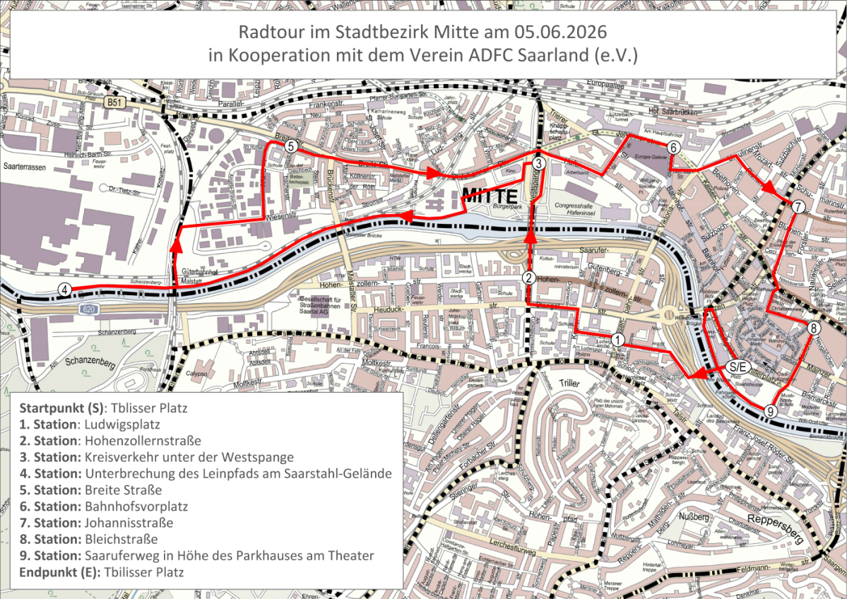 Eine Karte vom Bezirk Mitte in Saarbrücken, auf der die genaue Route der Radtour eingezeichnet ist